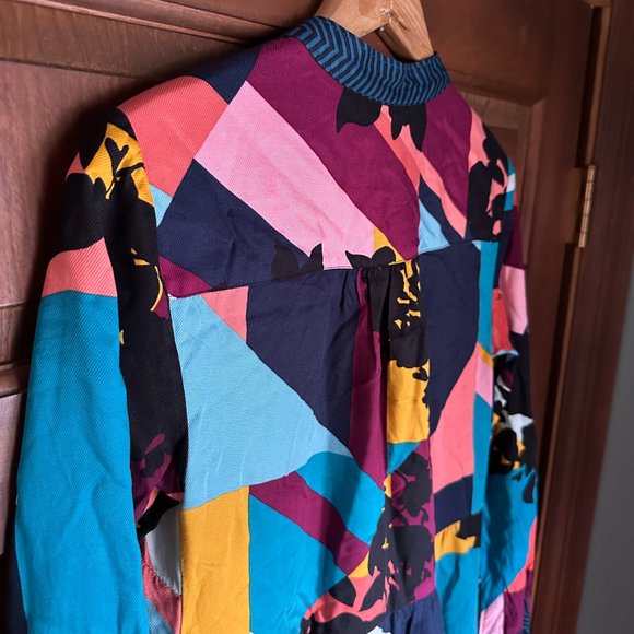 MAEVE for ANTHROPOLOGIE Gillian multicolored long sleeve dress XS teal patchwork - Picture 6 of 13